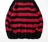 Black Stripe Sweaters Destroyed Ripped Sweater Women Pullover Hole Knit Jumpers Oversized Sweatshirt Harajuku Long Sleeve Tops
