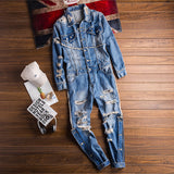 High Street Men Denim Jumpsuit Hip Hop Streetwear Hole Ripped Jeans Overalls Tattered Cargo Pants Fashion Freight Trousers