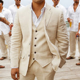 Linen Summer Men Suits for Wedding Groom Tuxedos 3 Piece Casual Beach Custom Set Jacket Vest with Pants American Fashion