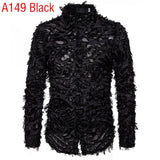 Foesce Sexy Black Feather Lace Shirt Men Fashion See Through Clubwear Dress Shirts Mens Event Party Prom Transparent Chemise S-3XL