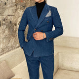 Blue Denim Peacked Lapel Double Breasted Jacket Tuxedo Groomsman Mens Suits For Wedding 2 Piece Blazers Coat+Pants Smoking Wear