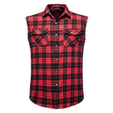 Men's Casual Flannel Plaid Shirt Sleeveless Double Pocket Cowboy Button Down Shirts Men Cotton Plus Size Vest Checkered Top 2XL