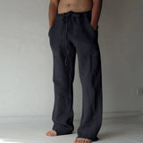 Men's Casual Pants Daily Wear Solid Summer Full Length Soft Linen Pants Mid Waist Pocket Drawstring Trousers Streetwear Bottoms
