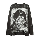 Foesce Harajuku Priest Salvation Printed Knitwears Women Streetwear Hip Hop Destroyed Hole Ripped Pullovers Jumper Oversized Men