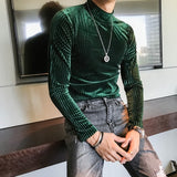 Velvet Turtleneck T-Shirt  Fall Winter Slim Striped Casual T-Shirt Men Long Sleeve Tight T-Shirt Club Costume Camiseta Homme