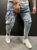 Men's Skinny ripped jeans men Pants Pencil Biker Side Striped Jeans Destroyed Hole Hip Hop Slim Fit Man Stretchy Jean Print
