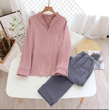 Autumn And Winter Men's Soft Solid Color Pajamas Set 100% Gauze Cotton Top+Pants 2PCS Sleepwear Loose Full Sleeve+Pants Homewear