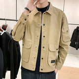 Foesce Large Size Jackets Men Basic Soft Letter Pockets Autumn Wind Breaker Turn-down Collar Teenagers S-4XL Cargo Outwear Hombre Chic