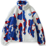 Foesce Harajuku Zipper Lambswool Jacket Men Women Streetwear Love Label Tie Dye Winter Padded Coat Loose Cotton Outwear Tops