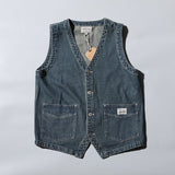 Foesce Retro Denim Vest Men Sleeveless Cargo Jacket  Harajuku Style Tooling Jean Jacket Cowboy Fashion Wasitcoat Men'S Clothing