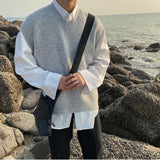 Foesce New Fall Sleeveless Mens Sweater Vest Loose Solid Color Simple V Neck Sweater Men Korean Style Harajuku Trend Pullover Vest