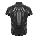 Mens Fashion Shiny Metallic T-shirt Tops Clubwear Patent Leather Turn-Down Shirt Undershirt Streetwear Male Clothing