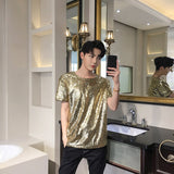 Foesce Reflective Sequins T Shirt Men Fashion Casual Short-sleeved T-shirt Men Streetwear Hip Hop Loose Performance Tshirt Man Tops