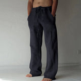 Men's Casual Pants Daily Wear Solid Summer Full Length Soft Linen Pants Mid Waist Pocket Drawstring Trousers Streetwear Bottoms