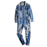 High Street Men Denim Jumpsuit Hip Hop Streetwear Hole Ripped Jeans Overalls Tattered Cargo Pants Fashion Freight Trousers