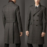 Foesce Wool Blend Coat Men Winter Over Jacket Double Breasted Checkered Business Long Overcoat Plus Size Warm Formal Business Tailored