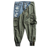 Men's Heavy Ankle Zipper Patchwork Jeans Joggers Army Drawstring Cargo Pencil Trousers for Male