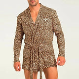 Men Robes Leopard Print Open Stitch Homewear V Neck Long Sleeve Loose Nightgown Men Sexy Bathrobes With Belt S-5XL