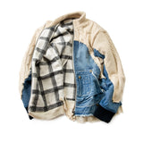 Foesce Men's Hi Street Twist Sweater Patchwork Denim Jacket Streetwear Kangaroo Pockets Jean Coat for Male