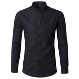 Men's Oxford Slim Fit Dress Shirt Brand Mandarin Collar Long Sleeve Chemise Homme Casual Buisness Office Shirt With Pocket Black