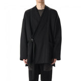 Men's windbreaker jacket wool kimono jacket Japanese V-neck dark black