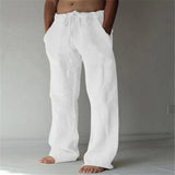 Men's Casual Pants Daily Wear Solid Summer Full Length Soft Linen Pants Mid Waist Pocket Drawstring Trousers Streetwear Bottoms