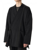 Men's windbreaker jacket wool kimono jacket Japanese V-neck dark black