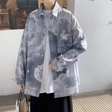 Men's Tie Dye Shirts Long Sleeve Fashion Trend Shirts Cloud Printing Loose Shirts Casual Coats Blue Color Camisa Masculina