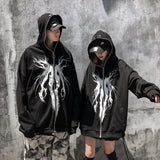 Foesce Graphic Print Zipper Ribbon Hooded Hoodie Men Casual Black Cool Oversize Coat Fashion Sweatshirt Streetwear Autumn