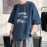 Summer  Short-Sleeved T-Shirt Men Women Harajuku Cloud Print Hong Kong Style Fifth Sleeve Tee Preppy Hip-Hop Simple Top