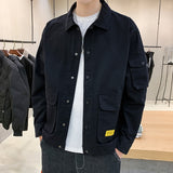 Foesce Large Size Jackets Men Basic Soft Letter Pockets Autumn Wind Breaker Turn-down Collar Teenagers S-4XL Cargo Outwear Hombre Chic