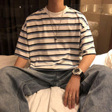 Summer Men T Shirt Striped Fitted Short Sleeve O Neck Japanese Style Streetwear Harajuku Hip Pop Fashion White Couples Male Tee