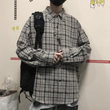 Foesce Korean ins versatile Plaid loose oversize long sleeve shirt for men and camisa masculina gray shirts