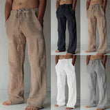 Men's Casual Pants Daily Wear Solid Summer Full Length Soft Linen Pants Mid Waist Pocket Drawstring Trousers Streetwear Bottoms