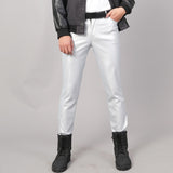 Spring Summer Moto Skinny Elastic Faux Leather Pants Men Black Gold White Thin PU Leather Trousers Brand Men Clothing