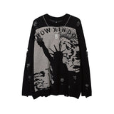 Foesce Harajuku Priest Salvation Printed Knitwears Women Streetwear Hip Hop Destroyed Hole Ripped Pullovers Jumper Oversized Men