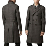Foesce Wool Blend Coat Men Winter Over Jacket Double Breasted Checkered Business Long Overcoat Plus Size Warm Formal Business Tailored