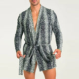 Men Robes Leopard Print Open Stitch Homewear V Neck Long Sleeve Loose Nightgown Men Sexy Bathrobes With Belt S-5XL