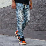 Spring Summer Fashion Men Straight Jeans Slim Ripped Denim Trousers Vintage Pattern Printing Tie-dye Denims Pants Men Streetwear