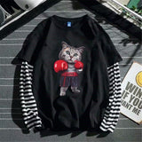 Foesce Cool Striped Patchwork T-Shirt Men Autumn Oversize Tops Boys Solid Long Sleeve T Shirt Fashion Japanese Gothic Japan T Shirt