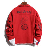 Men's Patchwork Letters Printed Red Denim Jacket Loose Rose Painyed Turn Down Collar Jean Coat Outerwear