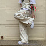 Women's Jeans Streetwear Casual Heart Shaped Embroidery Elastic Waist Vintage Baggy Straight Denim Trouser Wide Leg Pants
