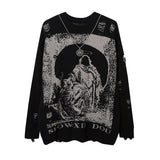 Foesce Harajuku Priest Salvation Printed Knitwears Women Streetwear Hip Hop Destroyed Hole Ripped Pullovers Jumper Oversized Men
