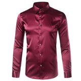 Foesce Green Silk Satin Dress Shirt Men Luxury Brand New Casual Dance Party Long Sleeve Chemise Smooth Wrinkle Free Tuxedo Shirts