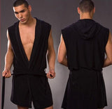 Foesce Sexy Men Sleeveless Hooded Silk Robe Gown Male Bathrobe Nightgown Cheap Men's Polyester Robes with Hood Black White Gray Coffee
