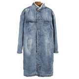 Long Style High Street Men Trench Coat Washed Retro Blue Denim Jacket Zippered Cuffs Berber Fleece Winter Outerwear Vintage