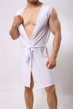 Foesce Sexy Men Sleeveless Hooded Silk Robe Gown Male Bathrobe Nightgown Cheap Men's Polyester Robes with Hood Black White Gray Coffee