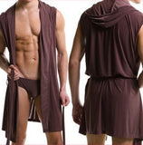 Foesce Sexy Men Sleeveless Hooded Silk Robe Gown Male Bathrobe Nightgown Cheap Men's Polyester Robes with Hood Black White Gray Coffee