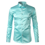 Foesce Pink Silk Satin Shirt Men Fashion Long Sleeve Mens Slim Tuxedo Shirts Casual Shiny Emulation Silk Button Down Dress Shirts