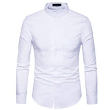 Men's Oxford Slim Fit Dress Shirt Brand Mandarin Collar Long Sleeve Chemise Homme Casual Buisness Office Shirt With Pocket Black